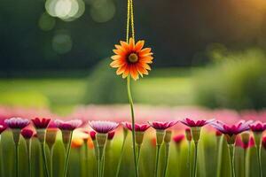 un flor es en pie en el medio de un campo. generado por ai foto