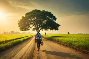 a man walking down a dirt road with a tree in the background. AI-Generated photo