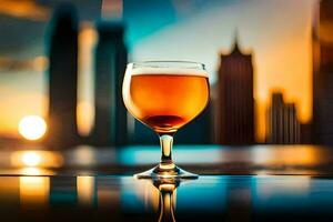 a glass of beer on a table in front of a city skyline. AI-Generated photo