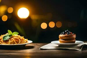 pasta and donuts on a wooden table. AI-Generated photo