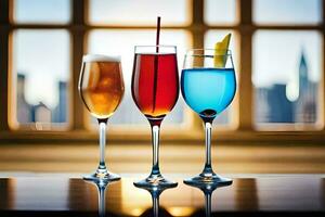 three glasses of different colored drinks sit on a table. AI-Generated photo