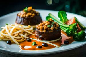 a plate with food on it and a glass of wine. AI-Generated photo