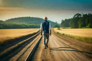 un hombre caminando abajo un suciedad la carretera en el medio de un campo. generado por ai foto