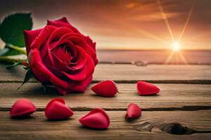 red rose on a wooden table with sun in the background. AI-Generated photo