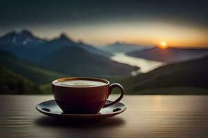 coffee, the sun, mountains, the view, hd wallpaper. AI-Generated photo