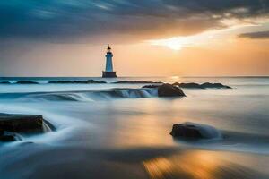 a lighthouse stands in the water at sunset. AI-Generated photo