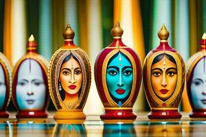 a row of colorful painted vases with faces on them. AI-Generated photo