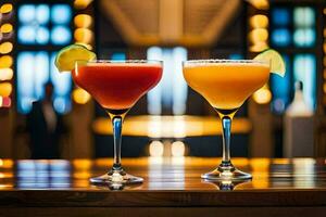 two cocktails sit on a bar with a light behind them. AI-Generated photo