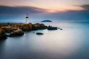 a long exposure photograph of a lighthouse on the ocean. AI-Generated photo