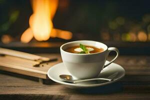 un taza de té con un fuego en el antecedentes. generado por ai foto