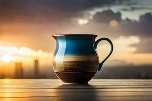 un café taza sentado en un mesa en frente de un puesta de sol. generado por ai foto