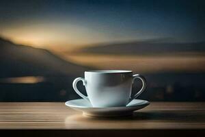 a cup of coffee on a table in front of a mountain. AI-Generated photo