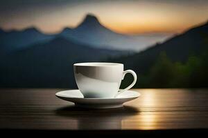 coffee cup on a table with mountains in the background. AI-Generated photo