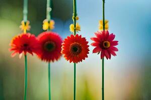 cuatro rojo flores colgando desde un cadena. generado por ai foto