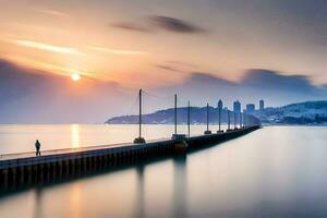 a man walks along a pier at sunset with a city in the background. AI-Generated photo