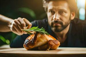 a man is holding a chicken on a wooden cutting board. AI-Generated photo