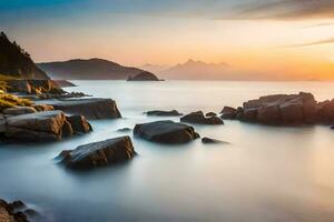 un largo exposición fotografía de rocas y agua a puesta de sol. generado por ai foto