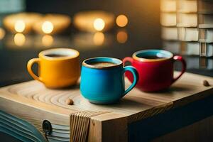 three coffee cups on a wooden table. AI-Generated photo