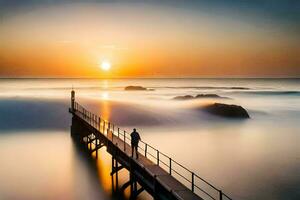 un hombre soportes en un muelle a puesta de sol. generado por ai foto