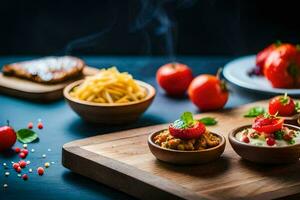 a wooden cutting board with food on it. AI-Generated photo