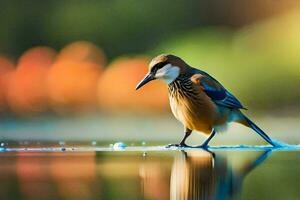 a bird standing on the water with its reflection. AI-Generated photo