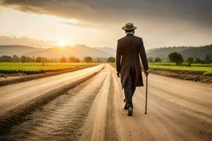 a man in a suit walks down a dirt road. AI-Generated photo