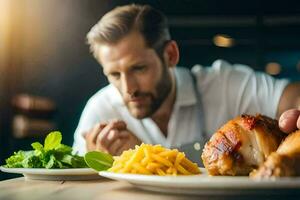 a man is eating a chicken on a plate. AI-Generated photo