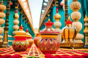 colorful vases are lined up on a carpet. AI-Generated photo