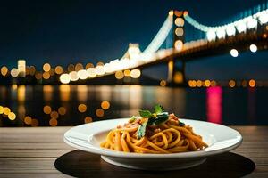 a plate of pasta with a view of the bay bridge. AI-Generated photo