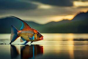 a fish is standing on the water with a sunset in the background. AI-Generated photo