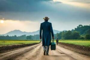 a man in a suit and hat walks down a dirt road with a suitcase. AI-Generated photo