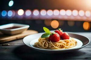 spaghetti with strawberries and mint on a plate. AI-Generated photo