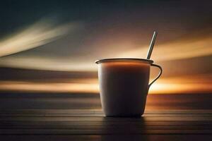 a cup of coffee on a table with a sunset in the background. AI-Generated photo