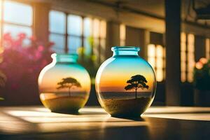 two vases with trees in them sitting on a table. AI-Generated photo