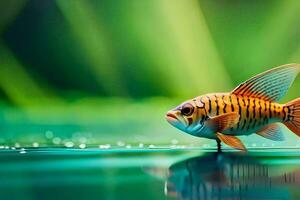 a fish is standing on the water with its tail out. AI-Generated photo