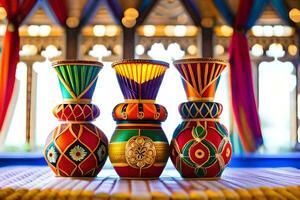 three colorful vases sitting on a table. AI-Generated photo