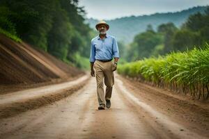 a man walking down a dirt road with a field of corn. AI-Generated photo