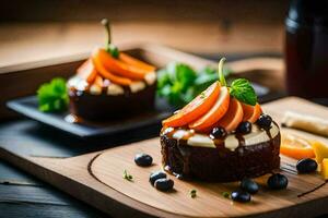 a dessert with fruit and blueberries on a wooden cutting board. AI-Generated photo