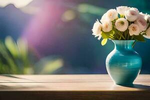 un azul florero con blanco flores en un mesa. generado por ai foto