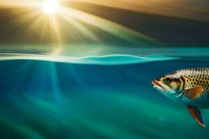 un pescado nadando en el Oceano con el Dom brillante. generado por ai foto