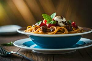 un cuenco de pasta con Tomates y albahaca en un de madera mesa. generado por ai foto