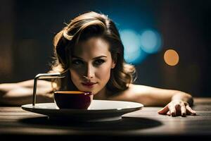 a woman is sitting at a table with a cup of coffee. AI-Generated photo