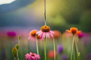 a flower hanging from a chain in a field. AI-Generated photo