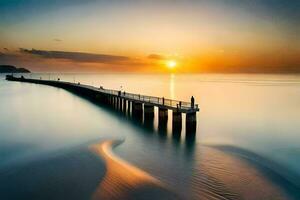 un largo exposición fotografía de un muelle a puesta de sol. generado por ai foto