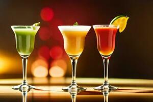 three different cocktails are shown in a row. AI-Generated photo