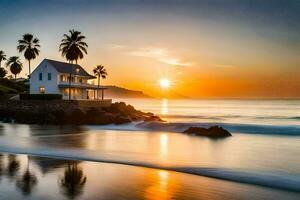 a house on the beach at sunset. AI-Generated photo