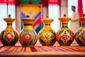 colorful vases on a table with a man in the background. AI-Generated photo