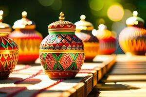 many colorful vases are lined up on a wooden table. AI-Generated photo