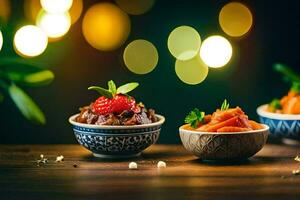 three bowls with food on a wooden table. AI-Generated photo