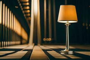 a lamp sitting on a wooden floor in front of a bridge. AI-Generated photo